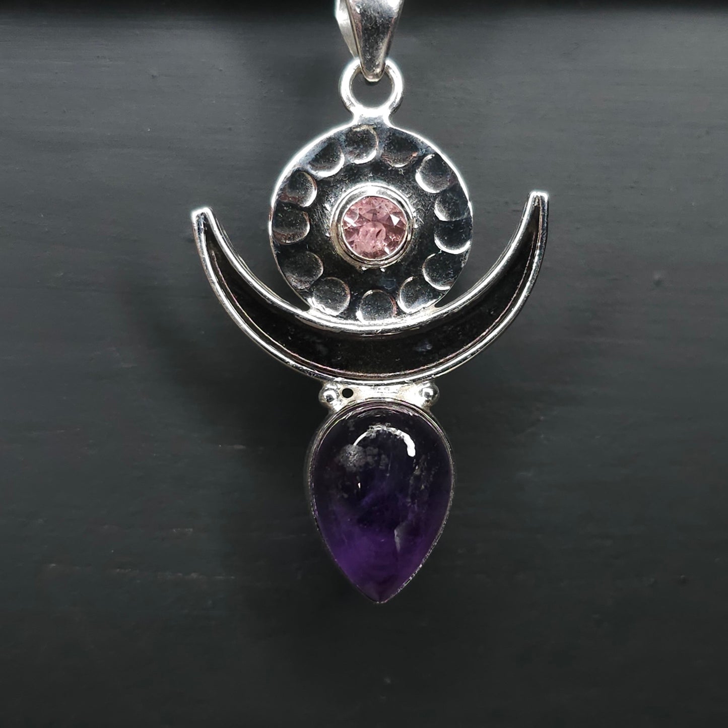 "MOONGODDESS" Necklace with Amethyst &amp; Rose Quartz Pendant set in 925 Silver