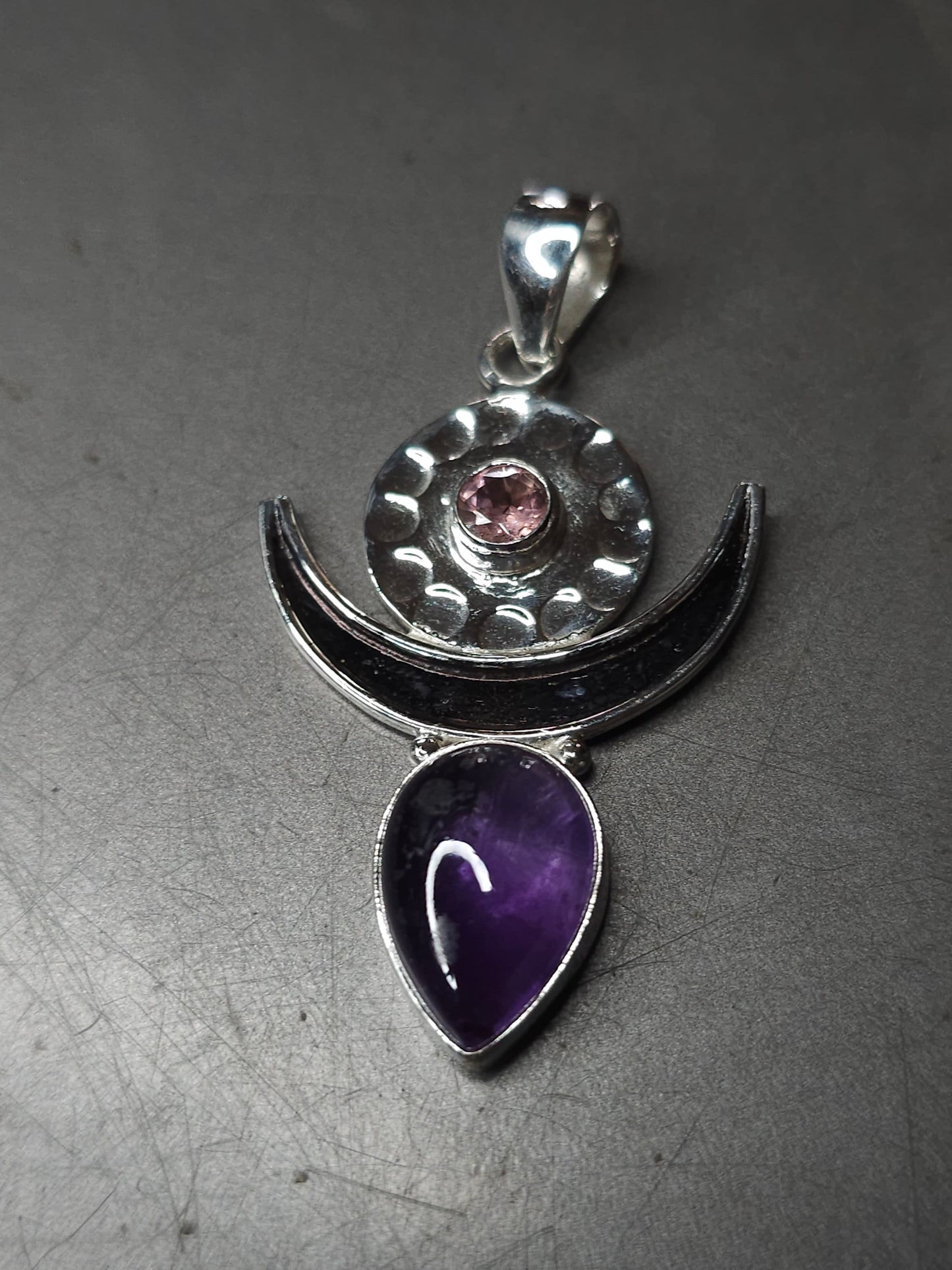 "MOONGODDESS" Necklace with Amethyst &amp; Rose Quartz Pendant set in 925 Silver