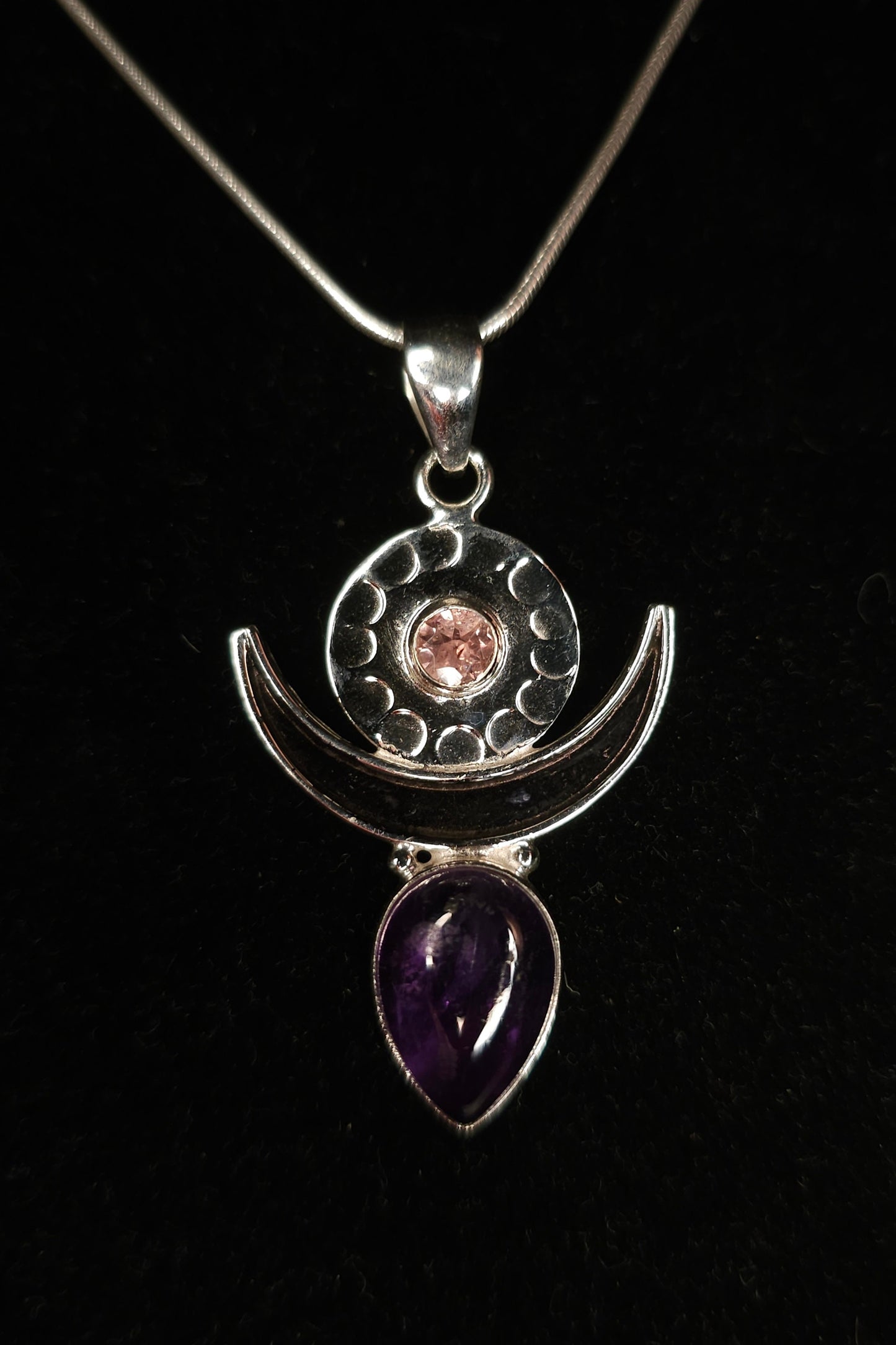 "MOONGODDESS" Necklace with Amethyst &amp; Rose Quartz Pendant set in 925 Silver