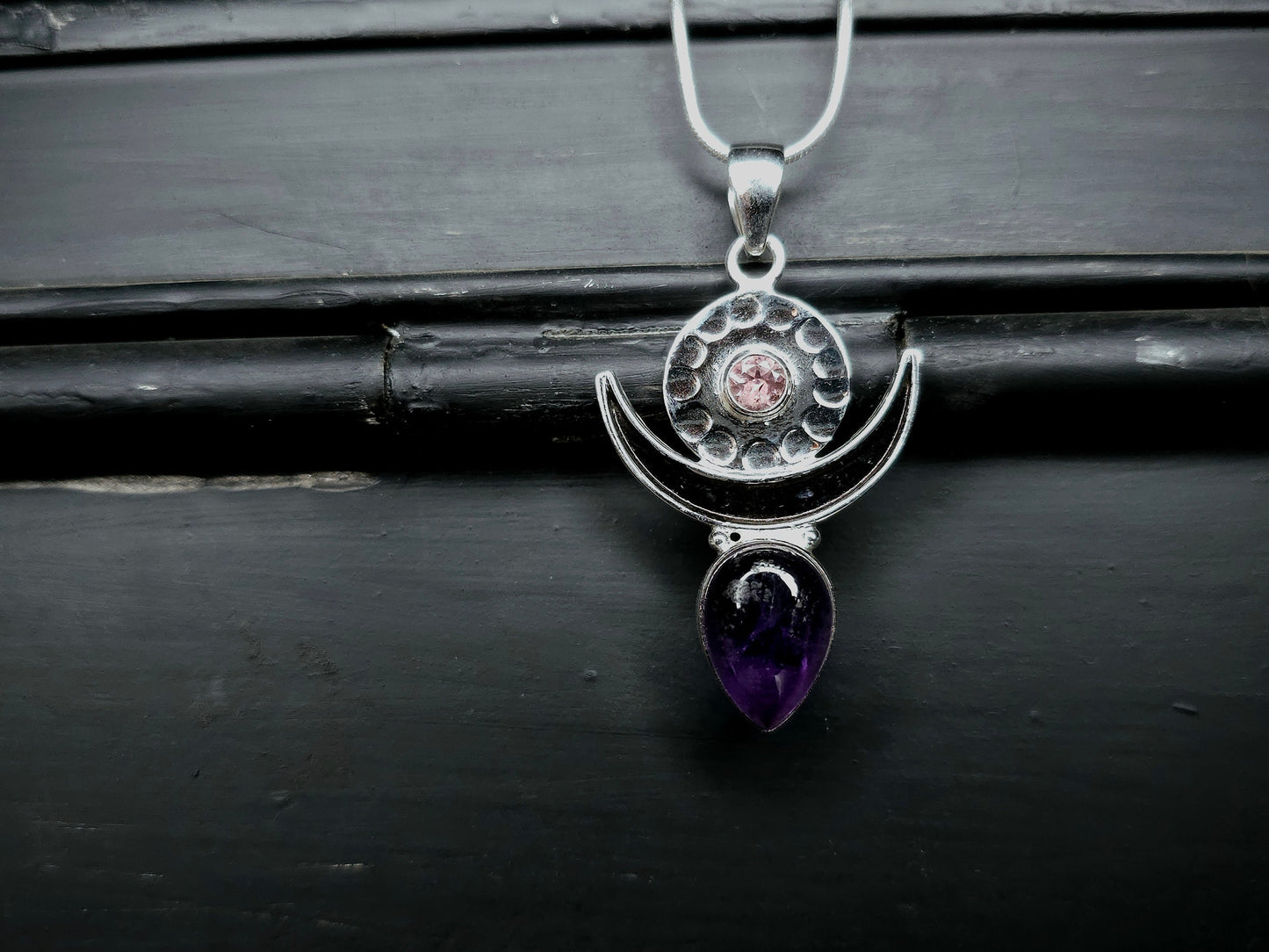 "MOONGODDESS" Necklace with Amethyst &amp; Rose Quartz Pendant set in 925 Silver