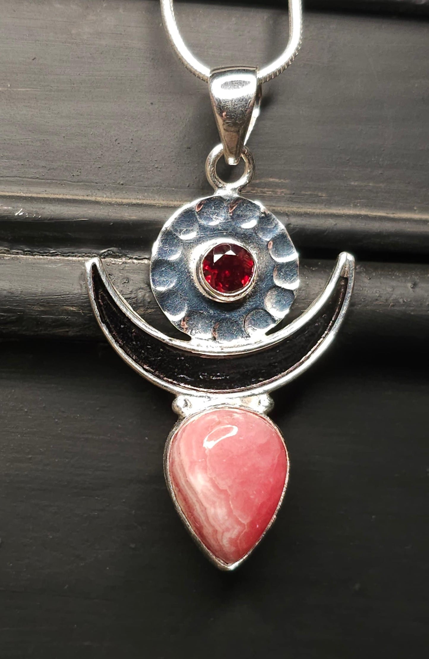 "MOONGODDESS" Necklace with Rhodocrosite &amp; Garnet Pendant set in 925 Silver