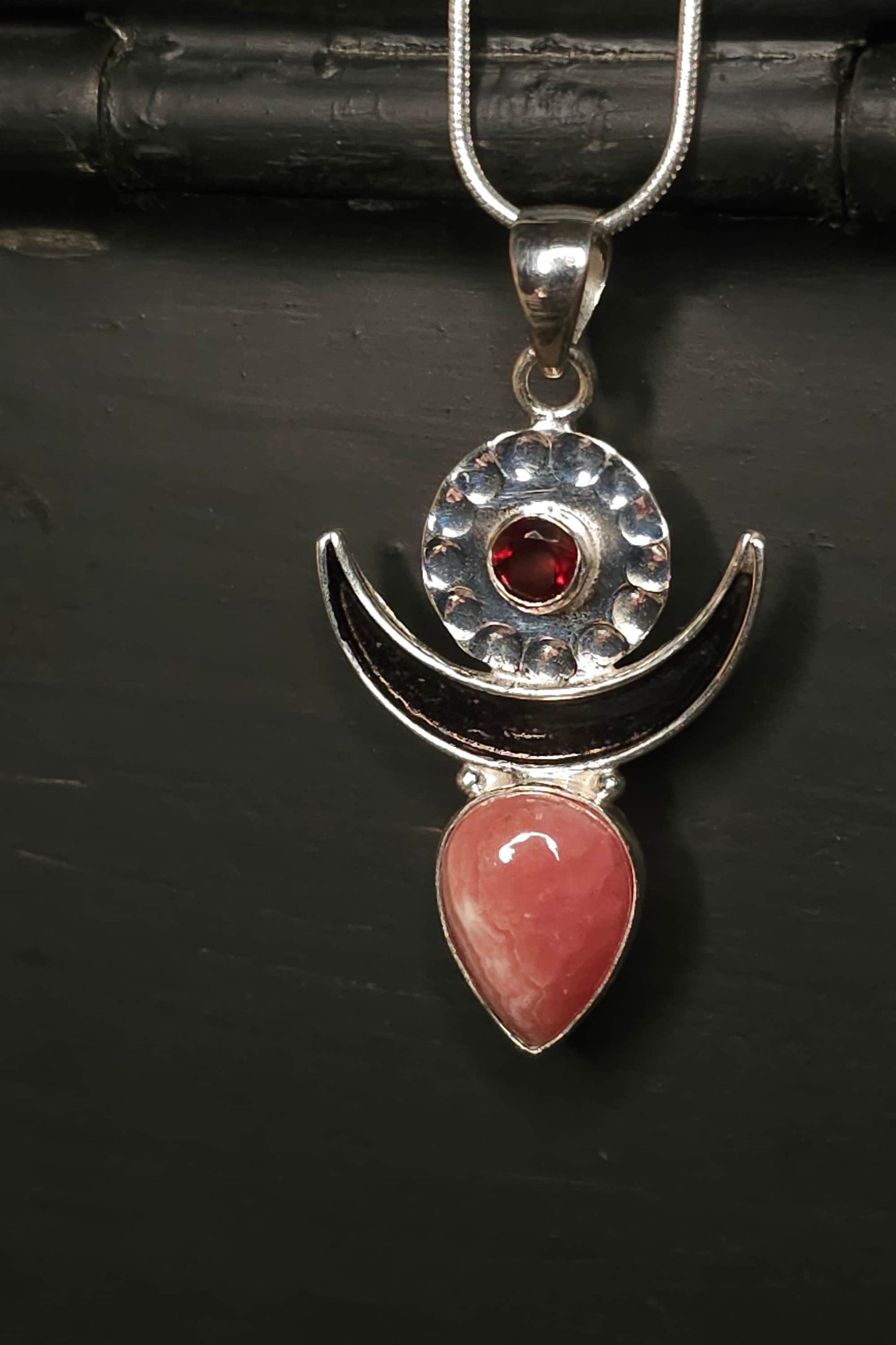 "MOONGODDESS" Necklace with Rhodocrosite &amp; Garnet Pendant set in 925 Silver