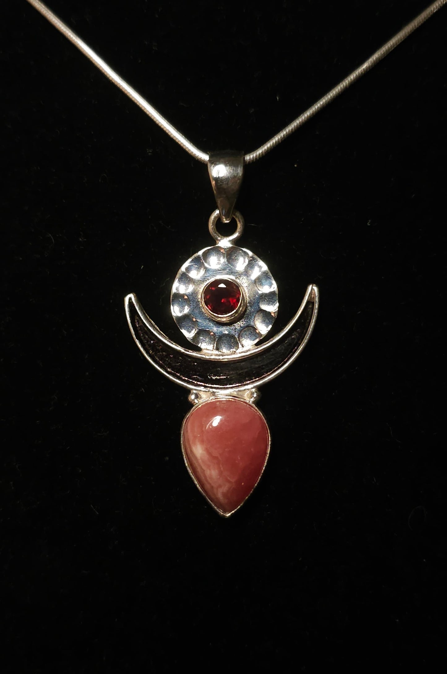 "MOONGODDESS" Necklace with Rhodocrosite &amp; Garnet Pendant set in 925 Silver