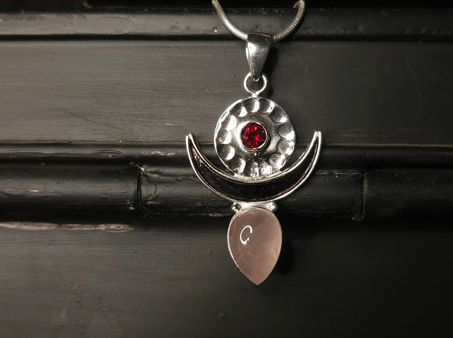 Necklace with "MOONGODDESS" Rose Quartz &amp; Garnet Pendant set in 925 Silver