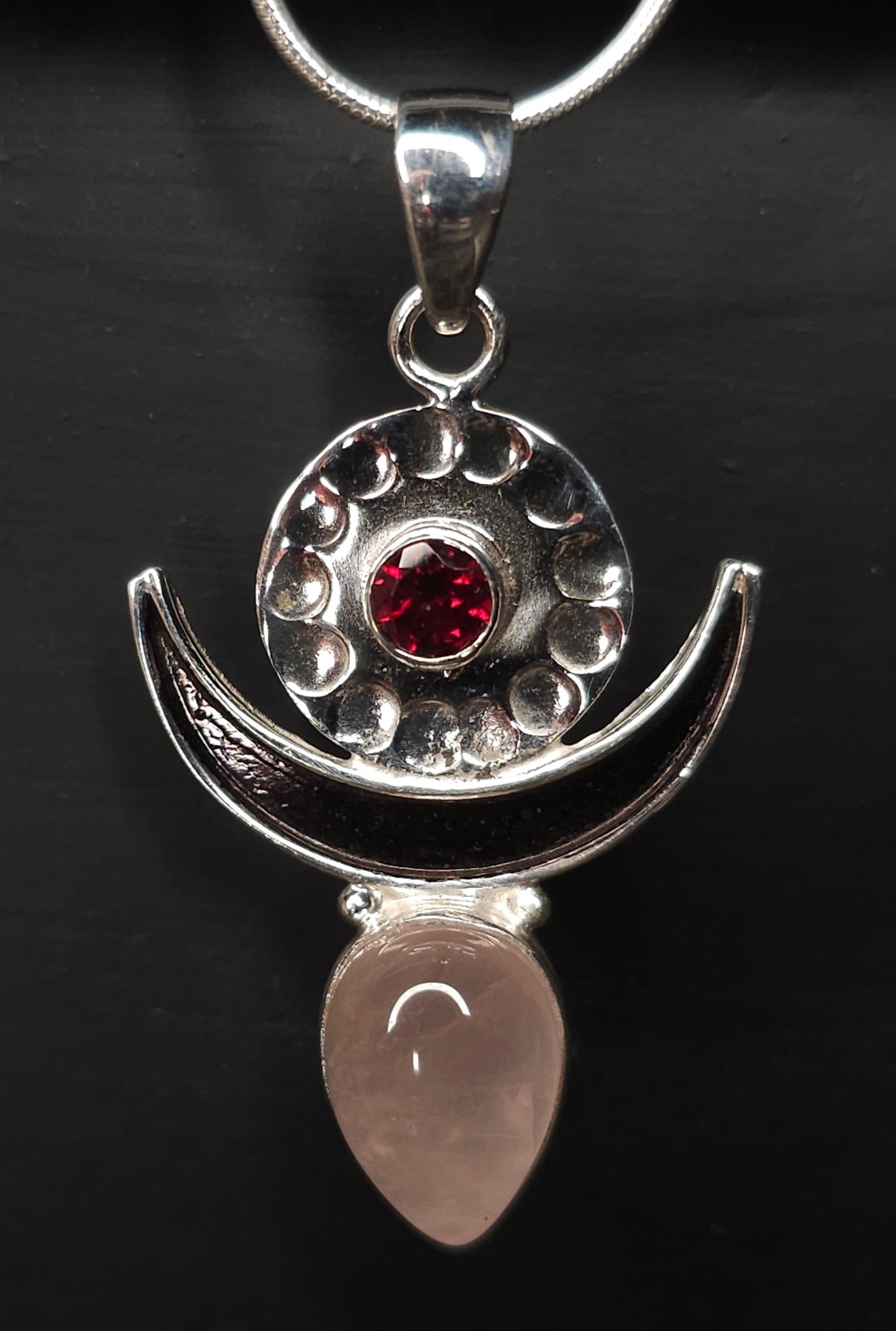 Necklace with "MOONGODDESS" Rose Quartz &amp; Garnet Pendant set in 925 Silver