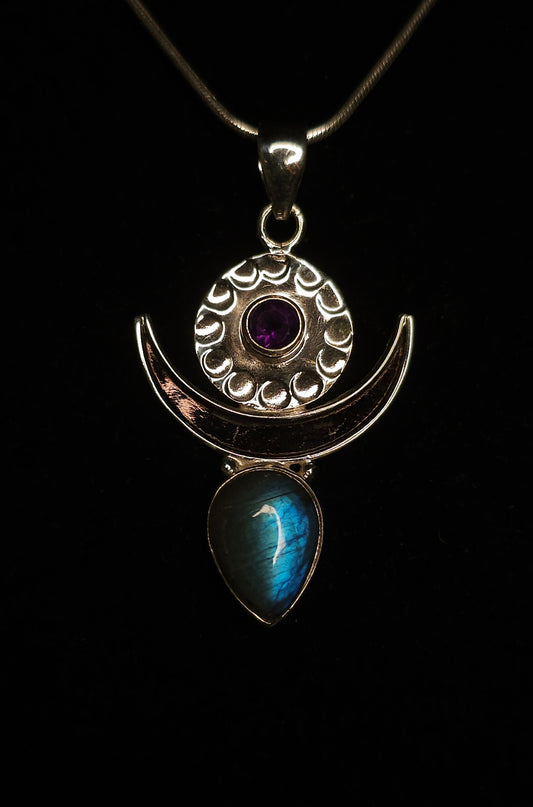 Collier "MOONGODDESS" avec Pendentif Labradorite & Améthyste serti en Argent 925