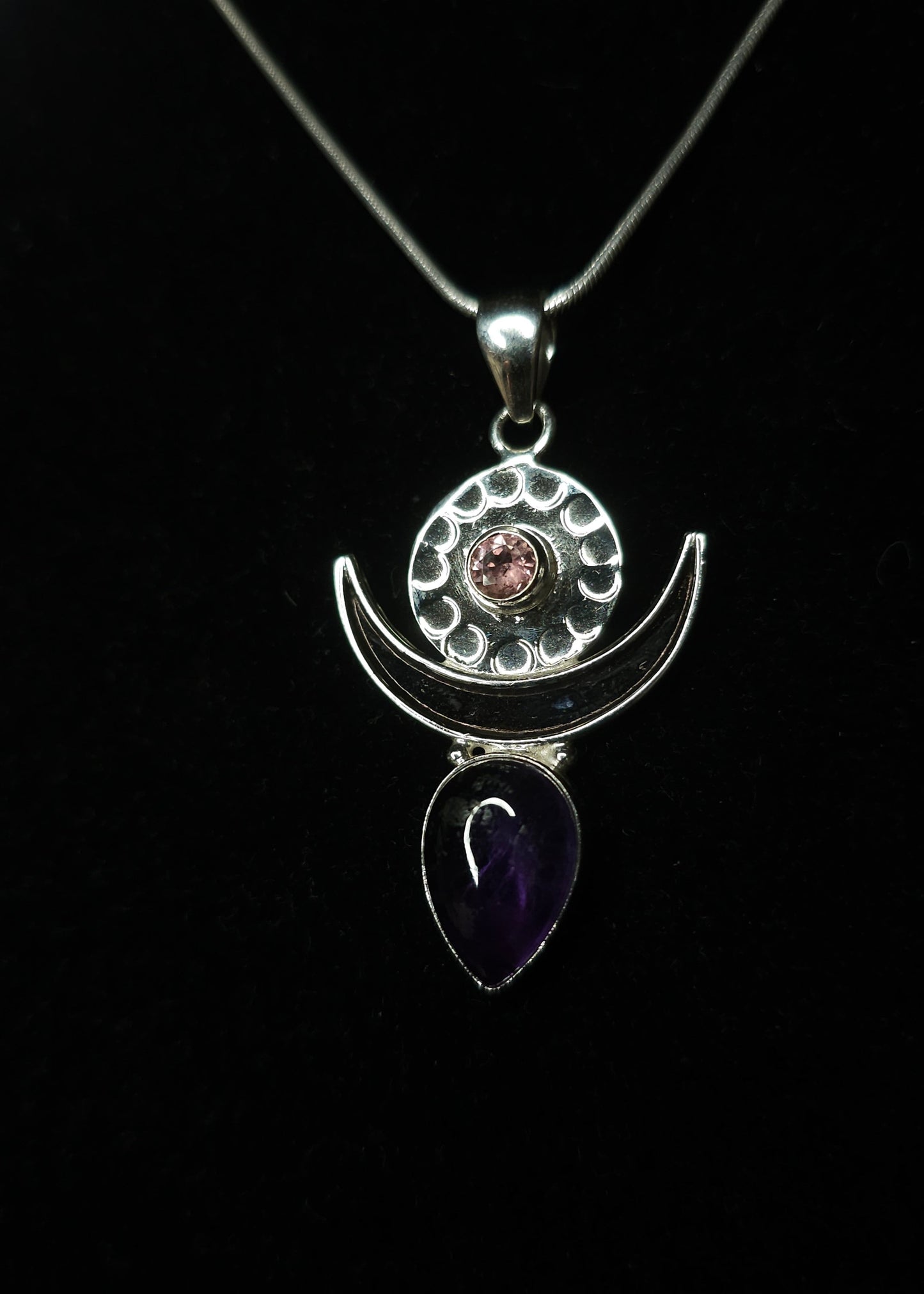 "MOONGODDESS" Necklace with Amethyst &amp; Rose Quartz Pendant set in 925 Silver