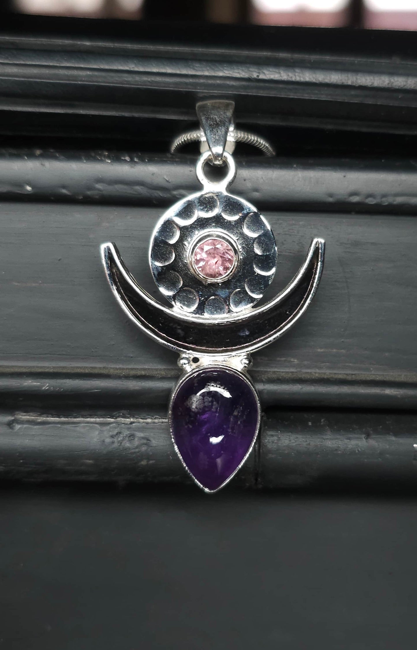 "MOONGODDESS" Necklace with Amethyst &amp; Rose Quartz Pendant set in 925 Silver