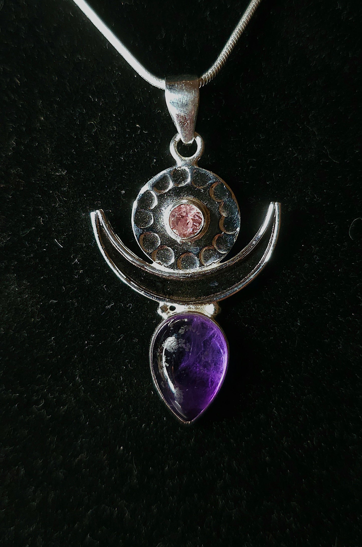 "MOONGODDESS" Necklace with Amethyst &amp; Rose Quartz Pendant set in 925 Silver