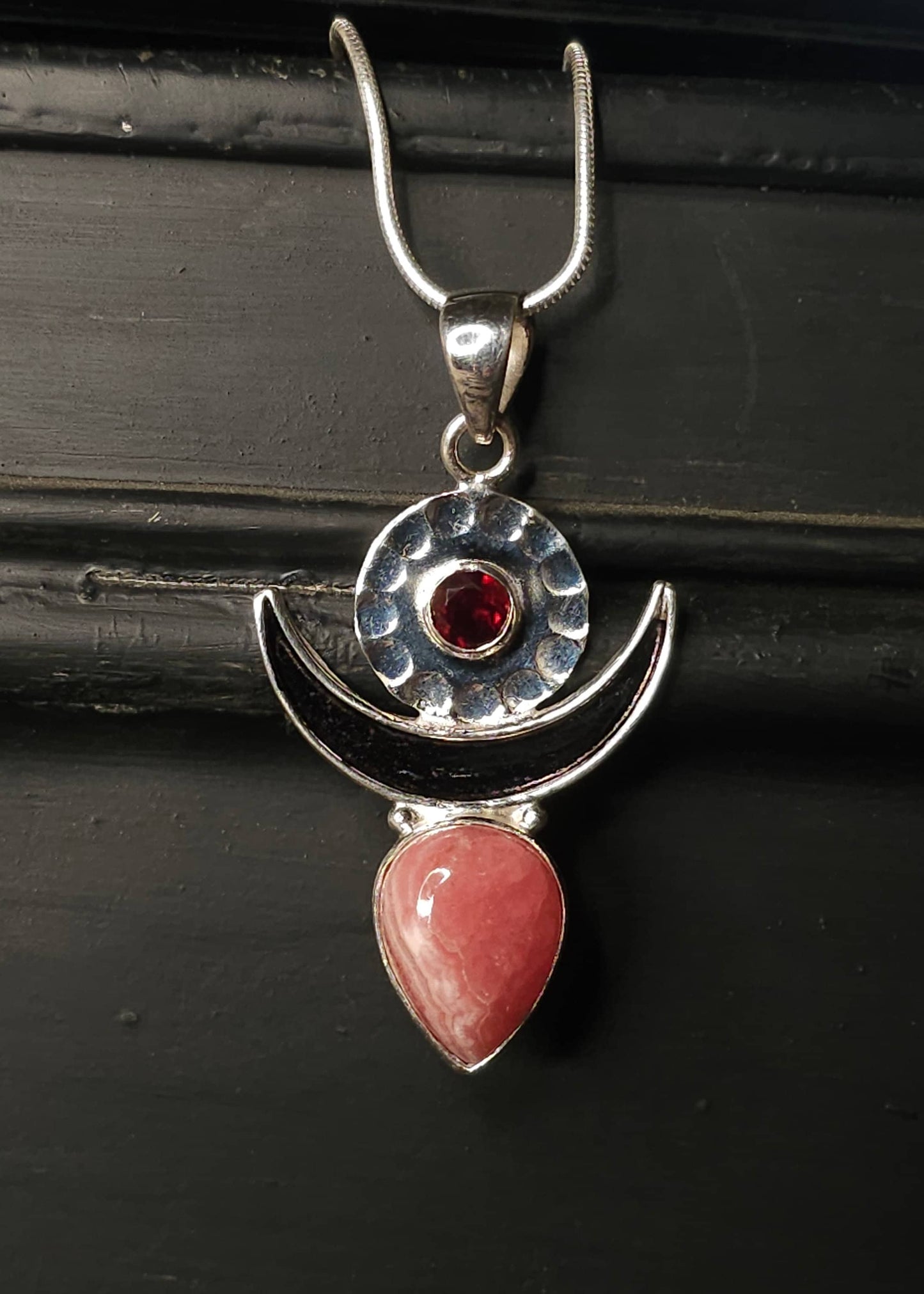 "MOONGODDESS" Necklace with Rhodocrosite &amp; Garnet Pendant set in 925 Silver