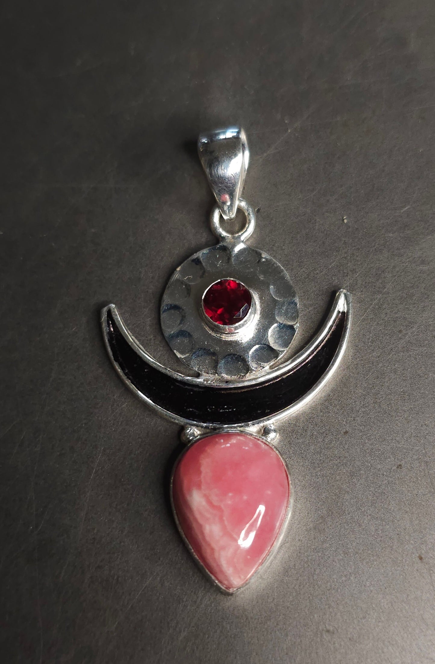 "MOONGODDESS" Necklace with Rhodocrosite &amp; Garnet Pendant set in 925 Silver