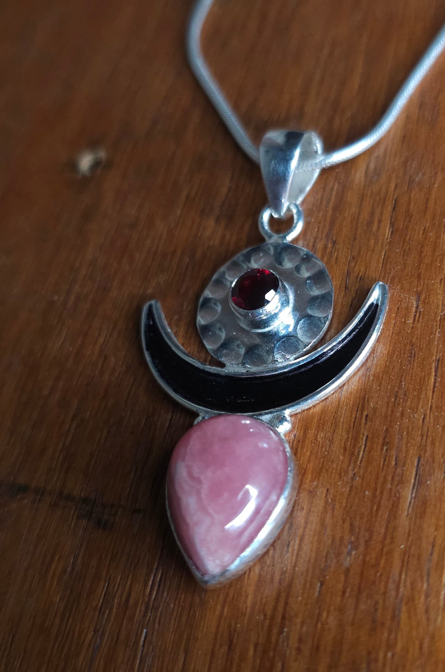 "MOONGODDESS" Necklace with Rhodocrosite &amp; Garnet Pendant set in 925 Silver