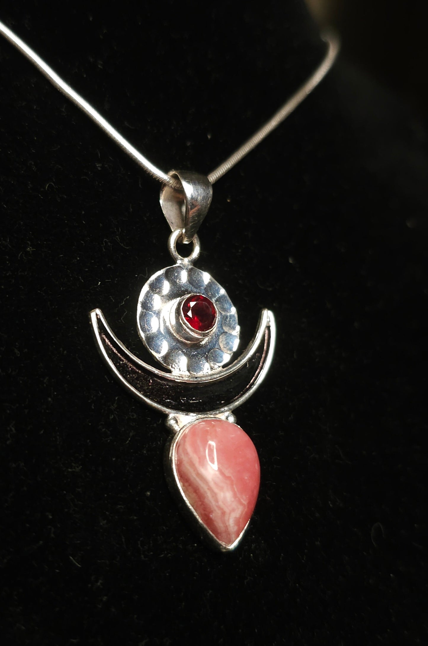 "MOONGODDESS" Necklace with Rhodocrosite &amp; Garnet Pendant set in 925 Silver