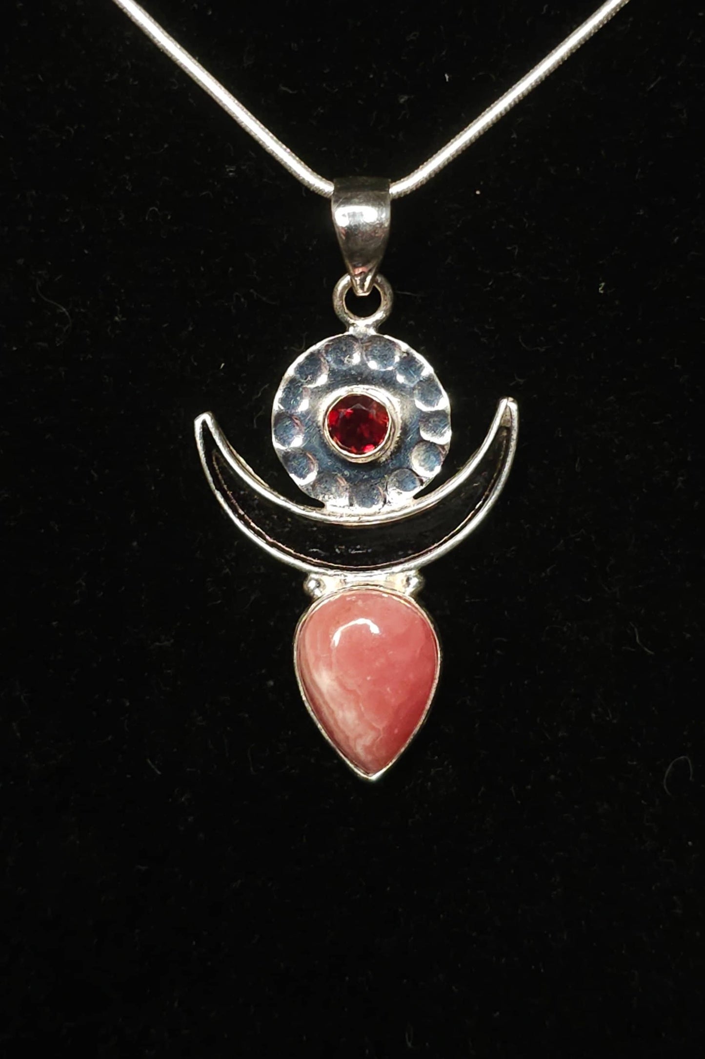 "MOONGODDESS" Necklace with Rhodocrosite &amp; Garnet Pendant set in 925 Silver