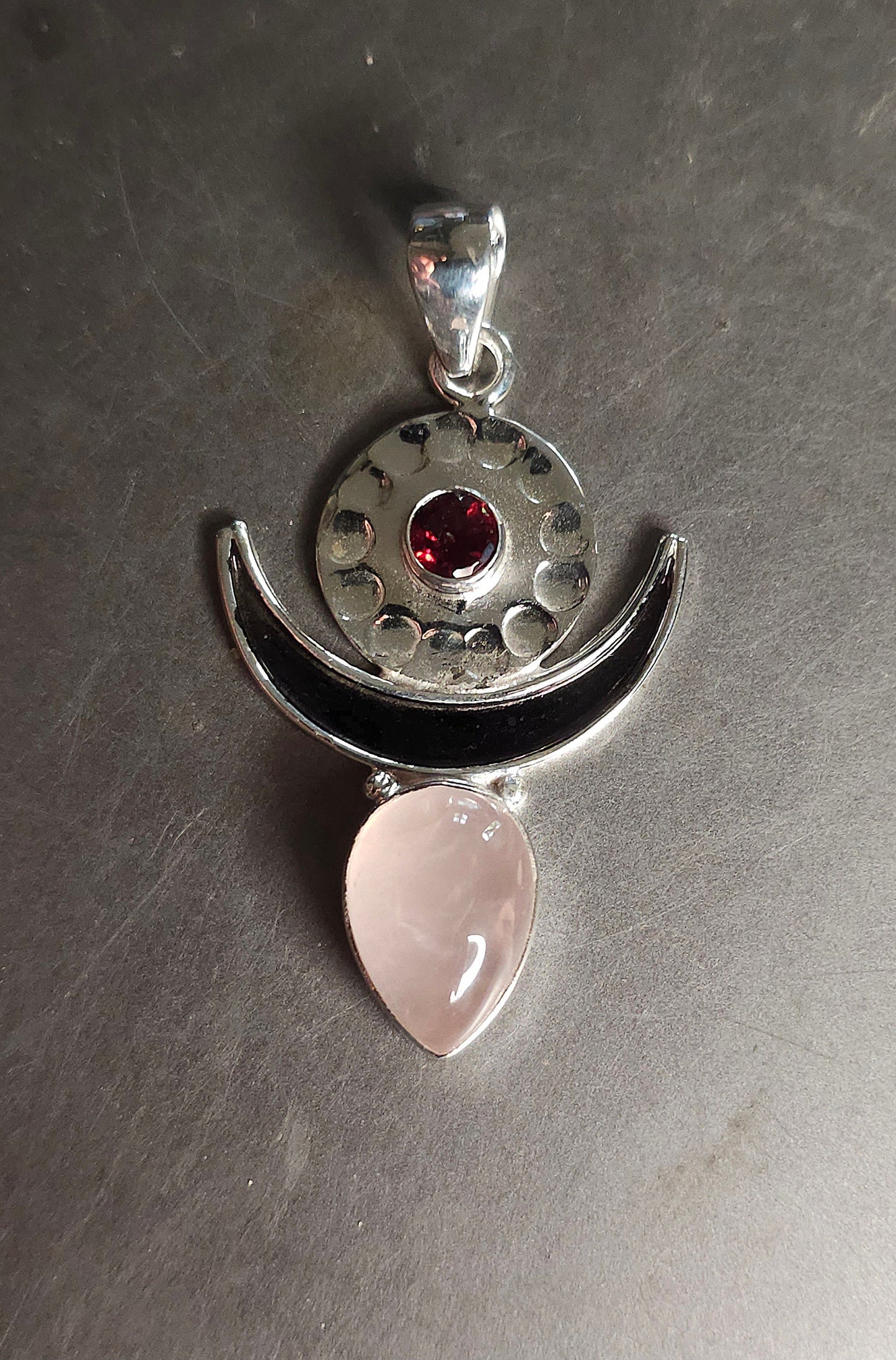 Necklace with "MOONGODDESS" Rose Quartz &amp; Garnet Pendant set in 925 Silver