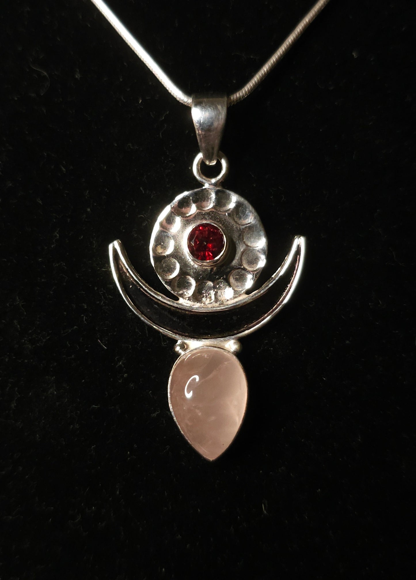 Necklace with "MOONGODDESS" Rose Quartz &amp; Garnet Pendant set in 925 Silver