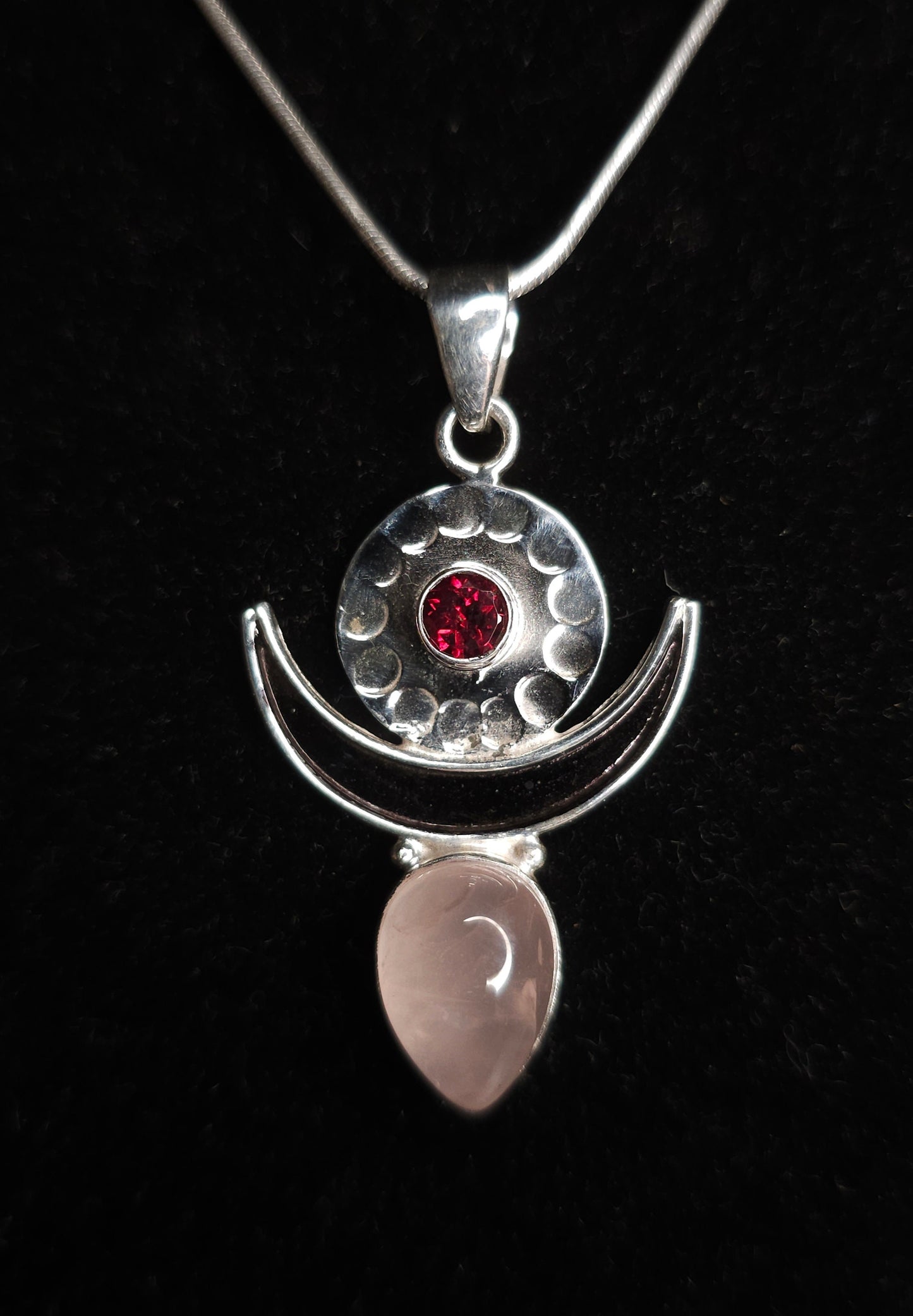 Necklace with "MOONGODDESS" Rose Quartz &amp; Garnet Pendant set in 925 Silver